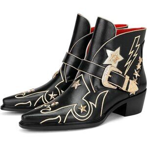 🆕Women’s Western Ankle Boots Black Polyurethane Star Embroidered Cowgirl Buckle